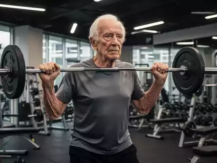 Älterer Mann konzentriert beim Krafttraining mit Gewichten in einem modernen Fitnessstudio, umgeben von Trainingsgeräten. - Foto: über boerse-global.de