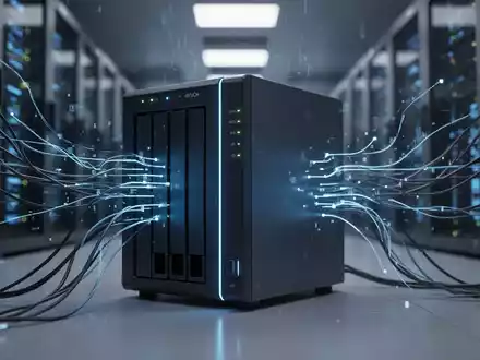 A futuristic NAS device with blue light, representing AI, connected to abstract data streams in a server room. - Foto: über boerse-global.de