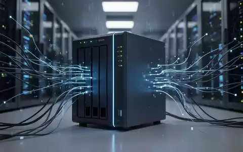 A futuristic NAS device with blue light, representing AI, connected to abstract data streams in a server room. - Foto: über boerse-global.de