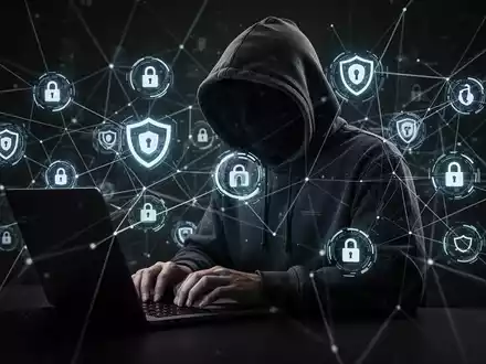A person in a hoodie typing on a laptop, with digital security icons and lines representing a network, illustrating cybercrime. - Foto: über boerse-global.de