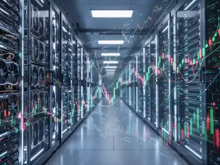 A stylized image of a futuristic data center with glowing server racks, overlaid with abstract financial market data graphics, representing AI compute as a commodity. - Foto: über boerse-global.de