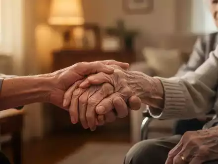 Eine unterstützende Hand hält die Hand eines älteren Menschen, der Fürsorge im häuslichen Umfeld erhält. - Foto: über boerse-global.de
