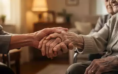 Eine unterstützende Hand hält die Hand eines älteren Menschen, der Fürsorge im häuslichen Umfeld erhält. - Foto: über boerse-global.de