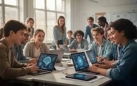 Students and teachers in a modern German classroom, actively engaged with technology, symbolizing AI integration in education. - Foto: über boerse-global.de