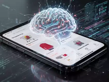 A glowing AI brain overlaid on a smartphone screen displaying online shopping, symbolizing AI integration in e-commerce. - Foto: über boerse-global.de