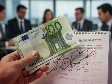 Eine Hand hält einen Euroschein vor einem Kalenderblatt, das einen Feiertag markiert, mit unscharfen Büroangestellten im Hintergrund. - Foto: über boerse-global.de