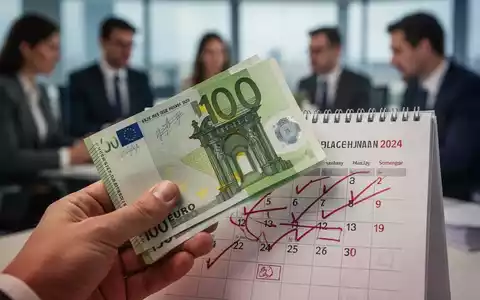 Eine Hand hält einen Euroschein vor einem Kalenderblatt, das einen Feiertag markiert, mit unscharfen Büroangestellten im Hintergrund. - Foto: über boerse-global.de