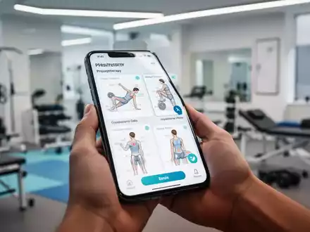 Eine Hand hält ein Smartphone mit einer Physiotherapie-App, im Hintergrund eine moderne Physiotherapiepraxis. - Foto: über boerse-global.de