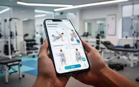 Eine Hand hält ein Smartphone mit einer Physiotherapie-App, im Hintergrund eine moderne Physiotherapiepraxis. - Foto: über boerse-global.de