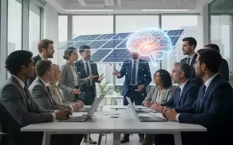 Professionelle Fachkräfte diskutieren in einem modernen Büro vor einer holografischen Projektion, die Solarenergie und KI symbolisiert. - Foto: über boerse-global.de