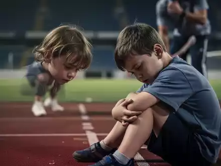 Ein erschöpftes Kind sitzt am Rand eines Sportfeldes, das Gesicht müde und ausdruckslos, im Hintergrund eine verschwommene Erwachsenenfigur. - Foto: über boerse-global.de