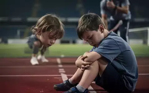 Ein erschöpftes Kind sitzt am Rand eines Sportfeldes, das Gesicht müde und ausdruckslos, im Hintergrund eine verschwommene Erwachsenenfigur. - Foto: über boerse-global.de