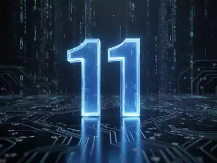 A glowing blue '11' logo on a dark, reflective surface, surrounded by digital data streams and abstract circuit board patterns. - Foto: über boerse-global.de
