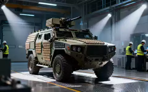 Ein hochmodernes Militärfahrzeug in einer Produktionshalle, mit Ingenieuren im Hintergrund, symbolisiert Rüstungstechnologie und Investitionen. - Foto: über boerse-global.de