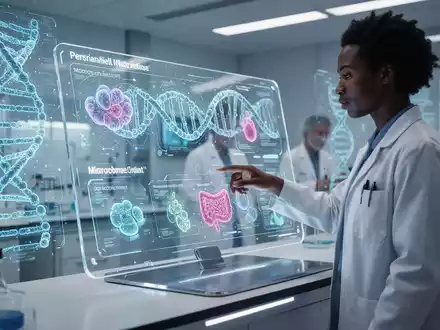 Eine Person interagiert mit einem transparenten Bildschirm, der personalisierte Ernährungsdaten und DNA-Stränge anzeigt, in einem modernen Labor. - Foto: über boerse-global.de