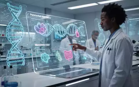 Eine Person interagiert mit einem transparenten Bildschirm, der personalisierte Ernährungsdaten und DNA-Stränge anzeigt, in einem modernen Labor. - Foto: über boerse-global.de