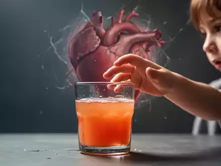 Ein Kinderhand greift nach einem Glas Fruchtsaft, im Hintergrund eine angedeutete Herzform, die auf Gesundheitsrisiken hinweist. - Foto: über boerse-global.de
