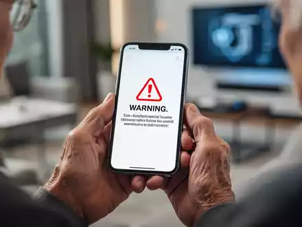 An elderly person's hands holding a smartphone showing a financial scam warning, symbolizing protection against fraud. - Foto: über boerse-global.de