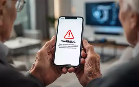 An elderly person's hands holding a smartphone showing a financial scam warning, symbolizing protection against fraud. - Foto: über boerse-global.de