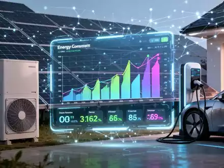 Eine digitale Benutzeroberfläche zeigt Energiedaten, überlagert von Solarmodulen, einer Wärmepumpe und einer E-Auto-Ladestation. - Foto: über boerse-global.de