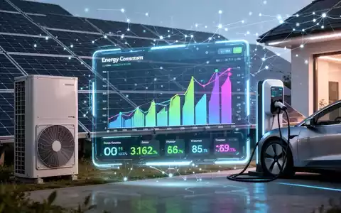 Eine digitale Benutzeroberfläche zeigt Energiedaten, überlagert von Solarmodulen, einer Wärmepumpe und einer E-Auto-Ladestation. - Foto: über boerse-global.de