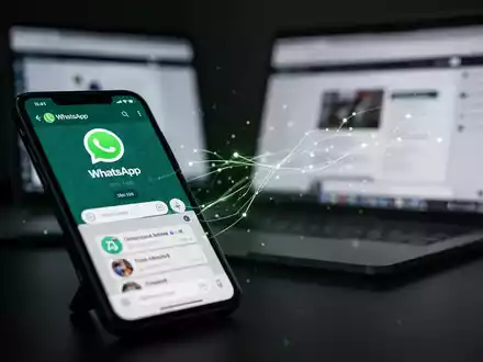 Smartphone-Bildschirm zeigt WhatsApp, Laptop im Hintergrund mit Webbrowser. Glühende Linien verbinden die Geräte, symbolisieren Datenaustausch und Sicherheitsrisiken. - Foto: über boerse-global.de