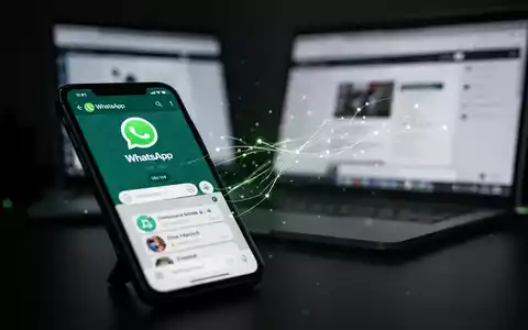Smartphone-Bildschirm zeigt WhatsApp, Laptop im Hintergrund mit Webbrowser. Glühende Linien verbinden die Geräte, symbolisieren Datenaustausch und Sicherheitsrisiken. - Foto: über boerse-global.de