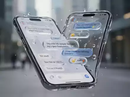 A smartphone screen showing a chat app with a translucent 'Liquid Glass' design, floating elements, and modern interface. - Foto: über boerse-global.de