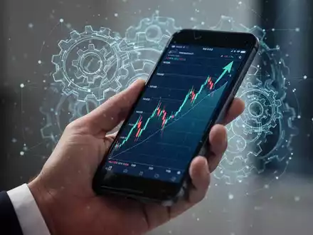 Eine Hand hält ein Smartphone mit einem steigenden Aktienchart, überlagert von stilisierten Zahnrädern. - Foto: über boerse-global.de