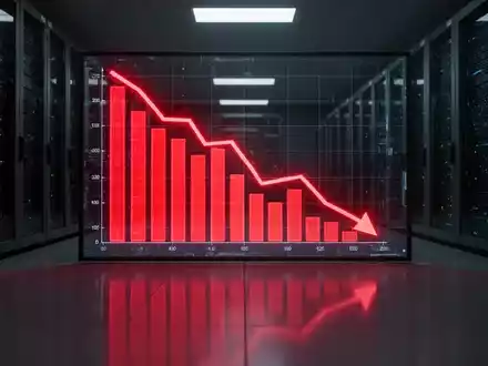 Ein fallender roter Balkendiagramm auf einem digitalen Bildschirm in einem dunklen Serverraum, der einen erheblichen Rückgang der Investitionen darstellt. - Foto: über boerse-global.de