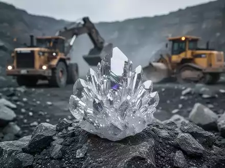 Ein Nahaufnahme eines Germaniumkristalls mit unscharfer Bergbauausrüstung im Hintergrund, die Wert und Extraktion symbolisiert. - Foto: über boerse-global.de