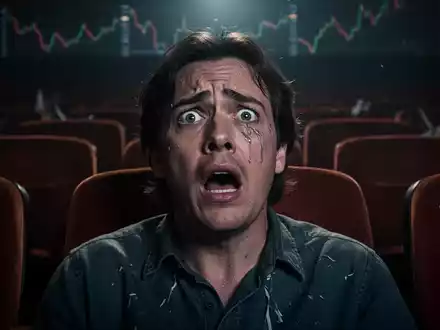 Ein verzweifelter Kinobesucher sitzt in einem leeren Kino, die Leinwand zeigt einen fallenden Finanz-Chart. - Foto: über boerse-global.de