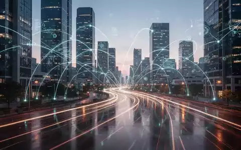 Eine futuristische Stadtlandschaft bei Dämmerung mit leuchtenden Datenlinien, die moderne Gebäude verbinden, als Symbol für Technologie. - Foto: über boerse-global.de
