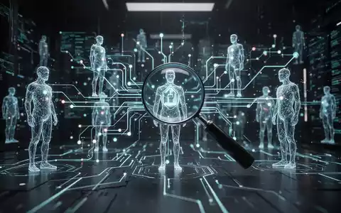 A stylized digital network with data flowing between abstract figures, a magnifying glass highlighting a specific data point, representing targeted data extraction. - Foto: über boerse-global.de