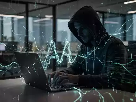 Eine Person in einem Kapuzenpulli tippt auf einem Laptop, umgeben von digitalen Linien und Datenströmen, die Cyberangriffe symbolisieren. - Foto: über boerse-global.de