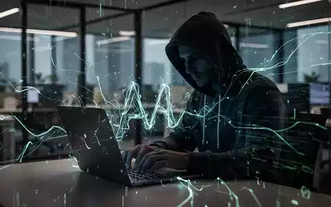 Eine Person in einem Kapuzenpulli tippt auf einem Laptop, umgeben von digitalen Linien und Datenströmen, die Cyberangriffe symbolisieren. - Foto: über boerse-global.de