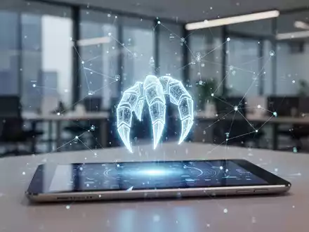 A glowing digital claw icon on a tablet screen, symbolizing AI-powered business tool creation. Data points connect around it. - Foto: über boerse-global.de