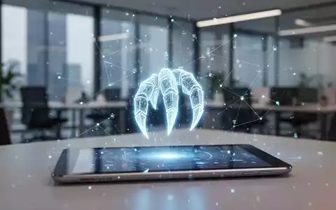 A glowing digital claw icon on a tablet screen, symbolizing AI-powered business tool creation. Data points connect around it. - Foto: über boerse-global.de