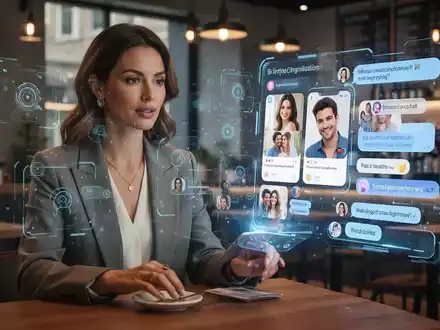 A woman in a cafe interacts with a holographic dating app interface, symbolizing AI's role in modern dating. - Foto: über boerse-global.de
