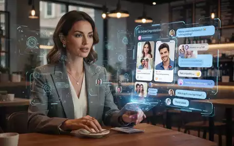 A woman in a cafe interacts with a holographic dating app interface, symbolizing AI's role in modern dating. - Foto: über boerse-global.de