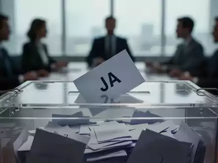 Nahaufnahme einer transparenten Wahlurne mit einem deutlich sichtbaren 'JA'-Stimmzettel, im Hintergrund unscharfe Silhouetten von Personen in einem Sitzungssaal. - Foto: über boerse-global.de