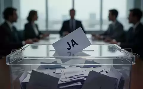Nahaufnahme einer transparenten Wahlurne mit einem deutlich sichtbaren 'JA'-Stimmzettel, im Hintergrund unscharfe Silhouetten von Personen in einem Sitzungssaal. - Foto: über boerse-global.de