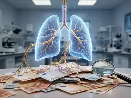 Ein stilisiertes blau leuchtendes Lungenorgan, verbunden mit goldenen Adern zu Euro-Banknoten und einer Lupe in einem Labor. - Foto: über boerse-global.de