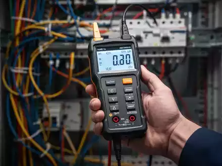 Nahaufnahme einer Hand, die ein modernes elektrisches Prüfgerät hält, mit unscharfem Hintergrund aus Kabeln und Industrieausrüstung. - Foto: über boerse-global.de