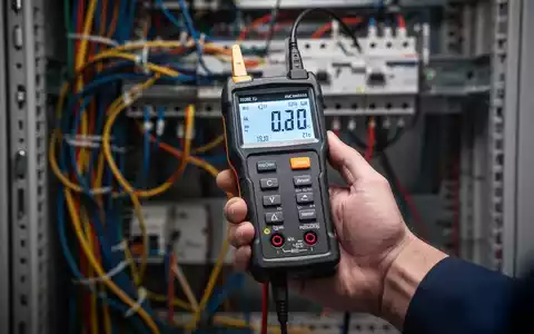 Nahaufnahme einer Hand, die ein modernes elektrisches Prüfgerät hält, mit unscharfem Hintergrund aus Kabeln und Industrieausrüstung. - Foto: über boerse-global.de