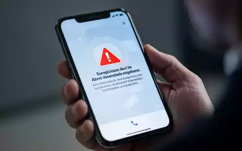 Ein Smartphone-Bildschirm zeigt eine Warnmeldung auf Deutsch über einen verdächtigen Anruf, im Hintergrund eine unscharfe Hand, die das Telefon hält. - Foto: über boerse-global.de