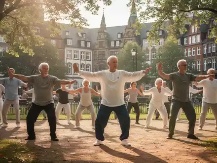 Eine Gruppe von Menschen praktiziert Qigong oder Taiji in einem Park in Bremen, mit historischen Gebäuden im Hintergrund. - Foto: über boerse-global.de