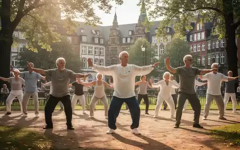 Eine Gruppe von Menschen praktiziert Qigong oder Taiji in einem Park in Bremen, mit historischen Gebäuden im Hintergrund. - Foto: über boerse-global.de