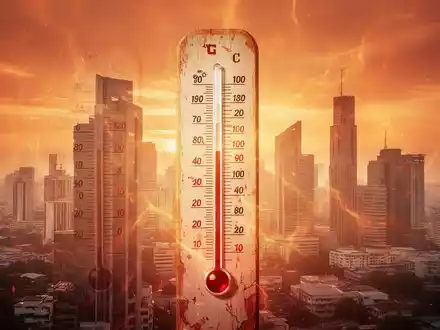 Ein Thermometer zeigt extrem hohe Temperaturen an, mit Hitzeschleier über einer modernen Stadtkulisse und einem dramatischen orange-roten Himmel. - Foto: über boerse-global.de