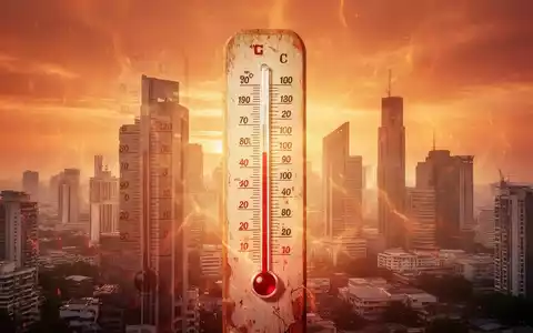 Ein Thermometer zeigt extrem hohe Temperaturen an, mit Hitzeschleier über einer modernen Stadtkulisse und einem dramatischen orange-roten Himmel. - Foto: über boerse-global.de